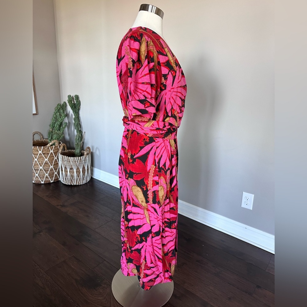 J. Crew Midi Dress Faux Wrap Pink Tropical Palm/Island Hawaiian Floral Print 14 - Picture 6 of 16